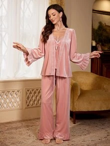 PalaceNights طقم بيجامة نسائي من 3 قطع بأسلوب القصر من المخمل، كاميسول + بنطلون طويل، خريف/شتاء - وردي - مشاهدة 4