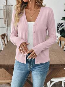 SHEIN Tall Women's Casual Everyday Office Commute Simple Solid Color Button Front Lightweight Cardigan - Baby Pink - View 4