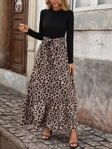 Brillora Women's Round Neck Long Sleeve Patchwork Leopard Print Ruffle Hem Elegant Dress, Winter Dress, Going Out,Black And Leopard Print Patchwork,Fall/Winter - Multicolor - View 4
