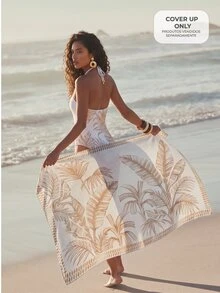 CAJUNI Women's Tropical Plant Print Side Knot Cover-Up Skirt - Cream - View 1