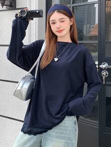 Dazy Tall Women's Round Neck Loose Long Sleeve Lace Patchwork Urban Casual T-Shirt Fall - Navy Blue - View 3