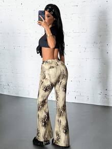 Jeanoix Celana Jeans Flare Pinggang Sangat Rendah Motif Hewan untuk Wanita, Warna Beige, Gaya Musim Panas Terinspirasi Era 90-an dan 2000-an - MultiWarna - View 6