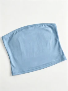 IslaSuriya 女款夏季度假純色抹胸上衣與刺繡短褲套裝 - 淺藍色 - 查看 4