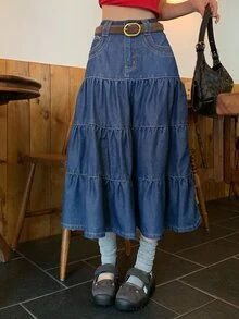 DAZY Rok Denim Multilayer Kasual Wanita untuk Musim Gugur - Biru - View 4