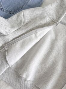 SHEIN 兒童青少年女孩寬鬆街頭風保守連帽口袋拉鍊長袖衛衣外套 淺灰色 返校穿搭 秋季加厚 - 灰色 - 查看 5