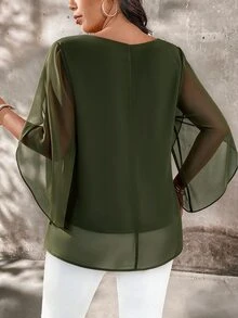 SHEIN LUNE 大尺碼女款透視襯衫，大喇叭袖，修身優雅 - 軍綠色 - 查看 2