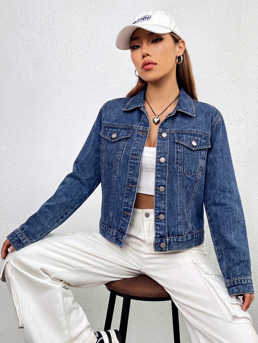 SHEIN EZwear 女款長袖單排扣休閒牛仔夾克 - 深色水洗藍 - 查看 1