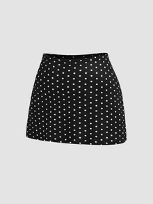 Sweetra Plus Size Early Autumn Ribbed Watermark Polka Dot Asymmetric Neckline Fitted Top And Bodycon Mini Skirt 2 Pieces Set - Black and White - View 10