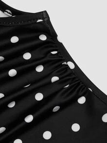 Sweetra Plus Size Early Autumn Ribbed Watermark Polka Dot Asymmetric Neckline Fitted Top And Bodycon Mini Skirt 2 Pieces Set - Black and White - View 14