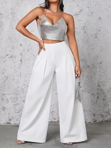 Selenza Plus Size Casual Versatile Solid Color Wide Leg Denim Jeans - White - View 3
