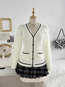 Elamini Cardigan Rajut Kabel Warna Kontras Leher V Kancing Tunggal Saku Jaket Manis Gaya Kasual Preppy Sweater Depan Terbuka Wanita - Putih - View 3