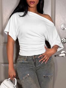 Slaydiva Áo thun nữ mùa hè thanh lịch màu trơn cổ bất đối xứng - trắng - Xem 5
