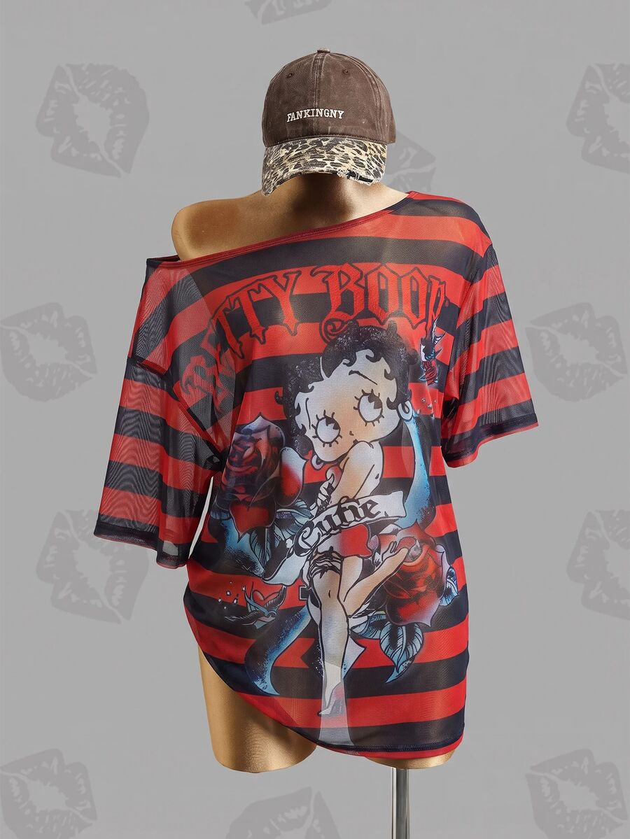 Betty Boop x SHEIN 女款字母卡通印花休閒日常穿搭上衣 - 紅色和黑色 - 查看 1