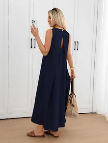 Easowa Curve Plus Size Women Solid Color Casual Daily Summer Travel Dress - Navy Blue - View 7
