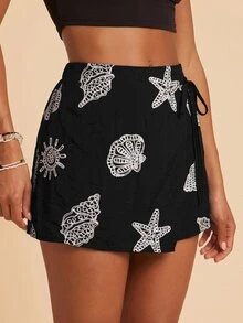 Travachic 女款優雅側腰結星魚刺繡裙褲 - 黑色 - 查看 4