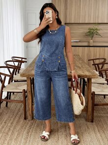 EMERY ROSE EMERY ROSE Plus Size Button Asymmetrical Hem Tank Top And Loose 3/4 Length Pants With Pockets Denim 2 Pieces Set - Dark Wash - View 4