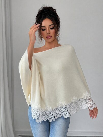 SHEIN Elenzya Autumn/Winter New Beige Apricot Asymmetrical Shoulder Shawl Knit Sweater With Lace Patchwork And Asymmetrical Hem, Casual Elegant For Daily Wear, Dating, Commuting, Office, Home And Party