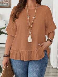 EMERY ROSE Plus Size Solid Ruffle Trim Round Neck Short Sleeve Loose Blouse Spring Summer 2026 - Rust Brown - View 6