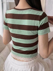 DAZY 女款拼色休閒百搭日常短袖T恤 - 綠色 - 查看 2
