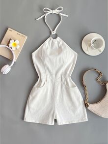 SHEIN Unity 女款露背掛脖牛仔連身褲 - 白色 - 查看 1