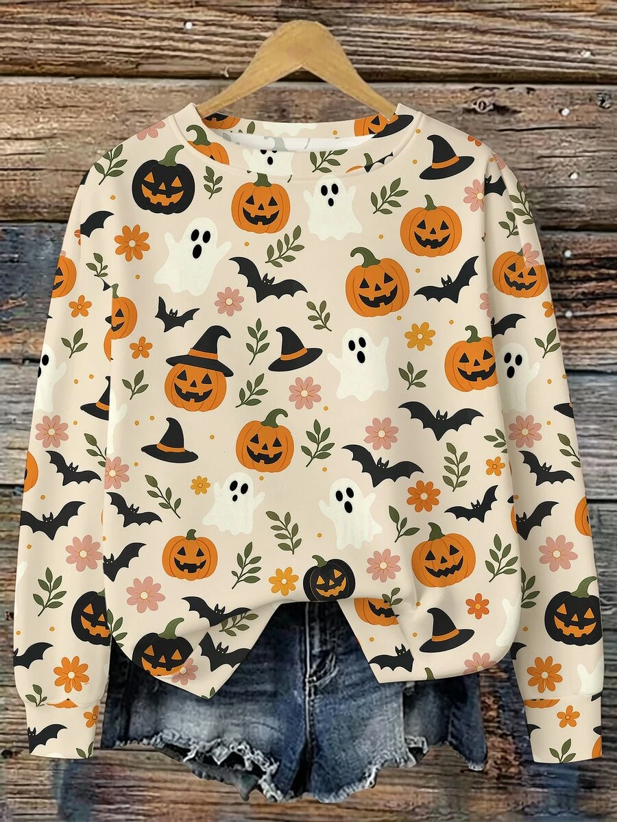 EMERY ROSE Sweatshirt Kasual Ukuran Besar Motif dan Kelelawar Halloween - MultiWarna - View 1