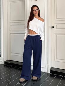 SHEIN EZwear Women's Casual Comfortable Navy Blue Solid Color With White Lace Patchwork Long Pants, Fall Clothes For Women, Winter Clothes For Women, Fall Winter 2026 - Royal Blue - View 3
