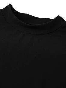 SHEIN Clasi 女款純色立領短袖對比蕾絲不對稱下擺上衣與裙子優雅兩件套 - 黑色 - 查看 4