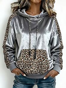 Linhara CURVE Women's Plus Size Leopard Print Patchwork Hooded Sweatshirt, Casual/Commute/College Style, Long Sleeve Sweatshirt For Autumn/Winter - Silver - View 1