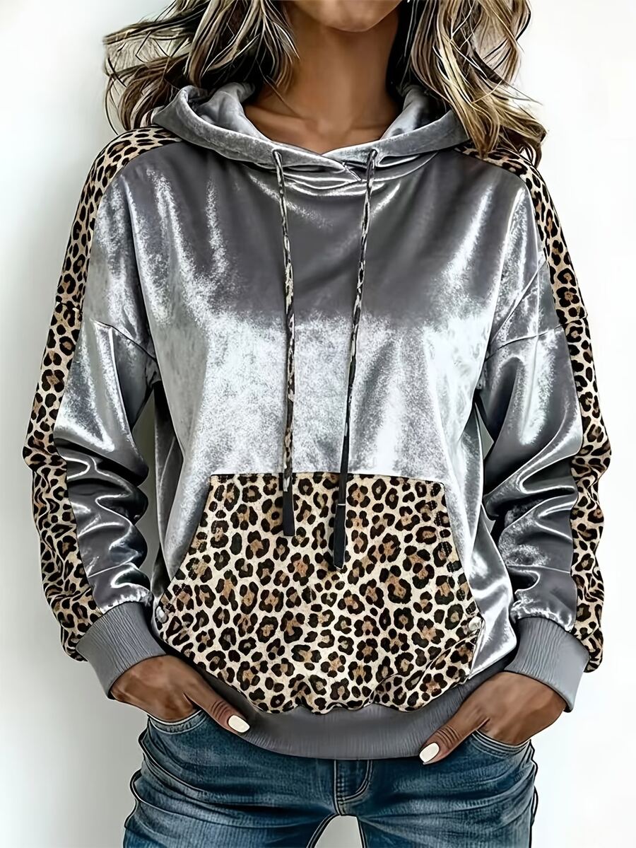 Linhara CURVE Women's Plus Size Leopard Print Patchwork Hooded Sweatshirt, Casual/Commute/College Style, Long Sleeve Sweatshirt For Autumn/Winter - Silver - View 1