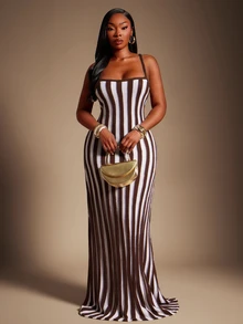 Radiana Curve Plus Size Women's Mature Style Elastic Fitted Waist Spaghetti Strap Cami Dress - Versatile Casual Elegant Commute Party Formal Night Autumn Brown - Multicolor - View 1