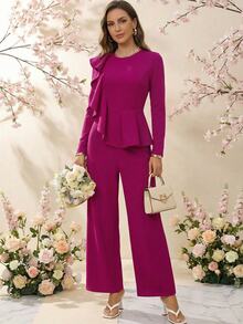 Ellevyn Women's Elegant Mature Commute Dinner Cocktail Party Night Dinner Party Solid Color Ruffle Trim Jumpsuit Wedding Magenta Autumn Wedding - Red Violet - View 4