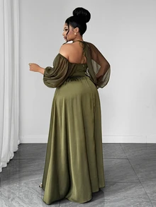 Maweii Plus Size Strapless Tie Sleeve Cinched Waist Long Slit Dress For Women - Green - View 6