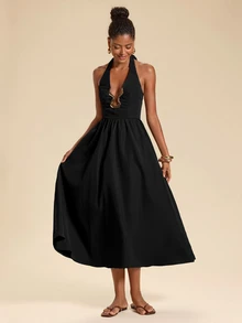 Travachic Elegant Sexy Backless Halter Neck Dress Night Out Vacation Black And Silver Summer - Black - View 5