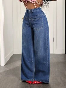 Slaydiva Women's Casual Versatile Daily Denim Straight Leg Pants With Pockets And Buttons - Dark Wash - View 3