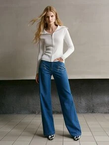 MOTF PREMIUM CELANA JEANS DENIM WANITA BERHIAS BATU PERMATA MODEL LURUS - Light Wash - View 1