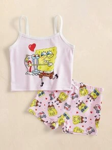 SpongeBob SquarePants | SHEIN طقم ملابس داخلية كاميسول وشورت بطبعة كرتونية للفتيات الصغيرات - وردي - مشاهدة 3