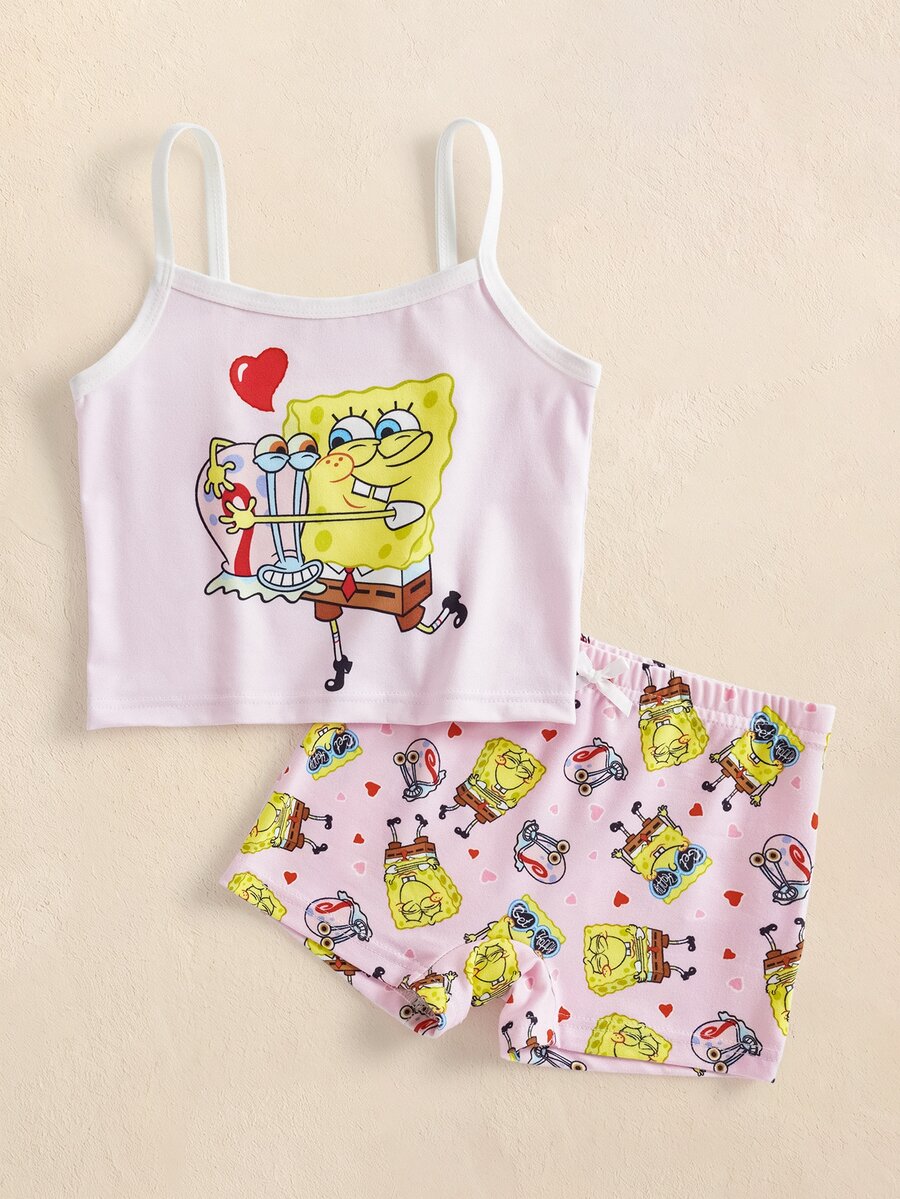 SpongeBob SquarePants | SHEIN Young Girl Cartoon Print Camisole & Shorts Lingerie Set - Pink - View 1