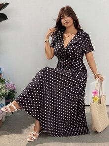 GalTyme 大尺碼女款 V 領波點休閒派對洋裝 - 棕色 - 查看 5