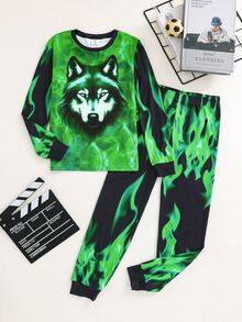 SHEIN 青少年男孩霓虹動物印花圓領長袖上衣與長褲休閒舒適修身居家睡衣套裝 2件組 - 彩色 - 查看 6