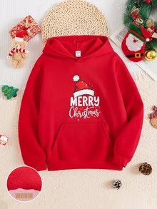 Kids Tween Boys Christmas Hat Print Thickened Crew Neck Long Sleeve Thermal Lined Autumn Winter Sweatshirt, Parent-Child Matching - Red - View 2