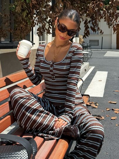Muchica Conjunto de 2 piezas de top y pantalones a rayas casual para mujer en otoño
