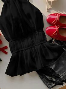 SHEIN EZwear 春夏女款黃色抓皺掛脖收腰露背綁帶背心上衣 - 黑色 - 查看 6