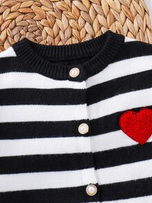 SHEIN Young Girl Loose Casual Minimalist Comfortable Round Neck Striped Pattern Cardigan Sweater Pants 2 Pieces Set Autumn Kids - Black and White - View 7
