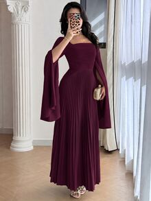 Modelyn 女款素色方領百褶長袖優雅洋裝 - 中紫紅色 - 查看 3