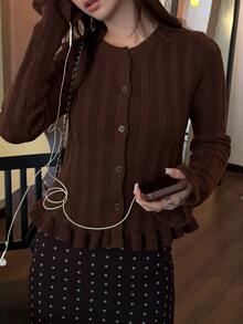 DAZY Women's Round Neck Frill Trim Casual Brown Sweater Fall - Brown - View 5
