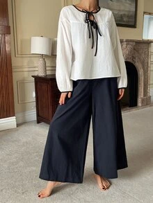 DAZY Autumn Elegant Contrast Color Tie Drawstring Petal Sleeve Women's Pajama Set - White - View 6