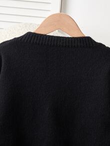 SHEIN Tween Girl Fashion Casual Sweet Star Pattern Knit Cardigan - Black - View 7