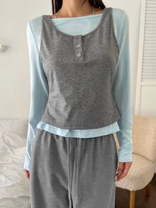 K-Vae Ballet Style Grey & White Layered 2 Pieces Set Top, Semi-Sheer Long Sleeve Base Layer + Button-Front Camisole, Slim Fit Flattering Sweet Girl Outfit - Grey - View 3