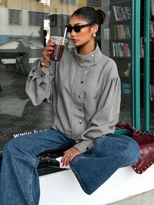Muchica 女款棕色格紋編織休閒夾克，前拉鍊設計 - 黑與白 - 查看 7