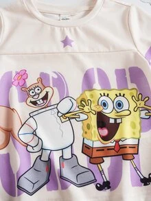 SpongeBob SquarePants | SHEIN Young Girl Letter Cartoon Print Casual Daily Short Sleeve T-Shirt - Apricot - View 5